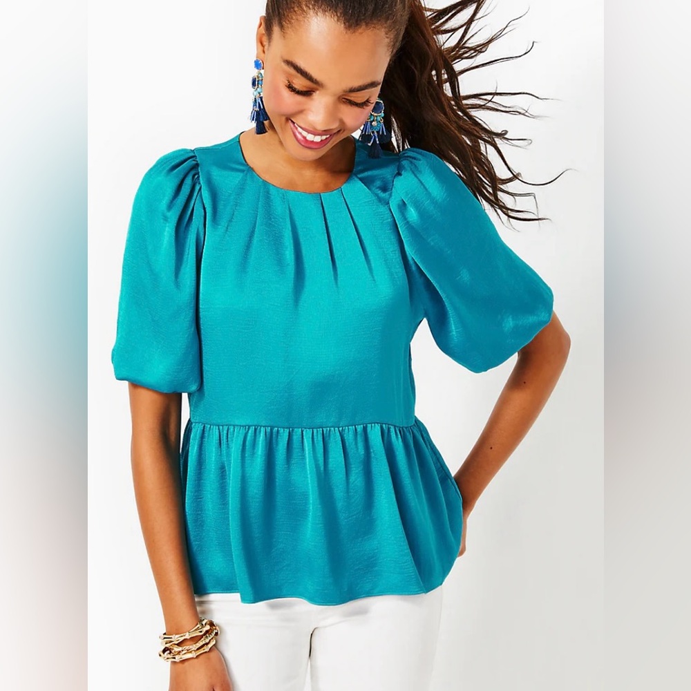 Lilly Pulitzer Women’s Teal Peplum Blouse Puff Sleeve Keyhole Back NWT Size M